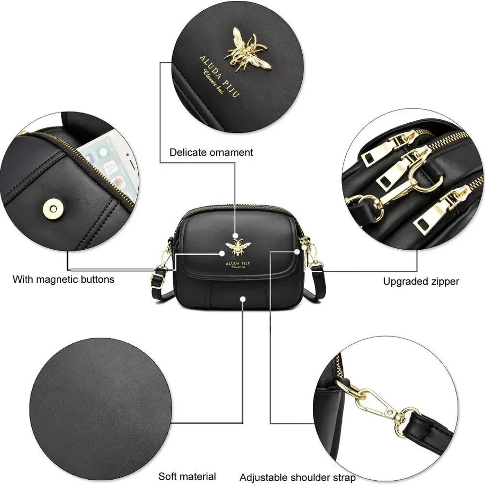 Small Faux Leather Crossbody Bag With Multiple Zipper Pockets for Women